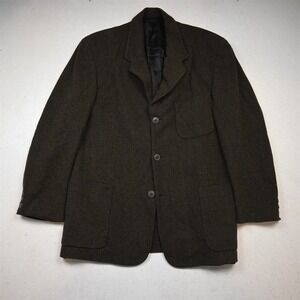 Vtg USA 42L Olive Green Brown Herringbone Wool Tweed Blazer Jacket Sport Coat